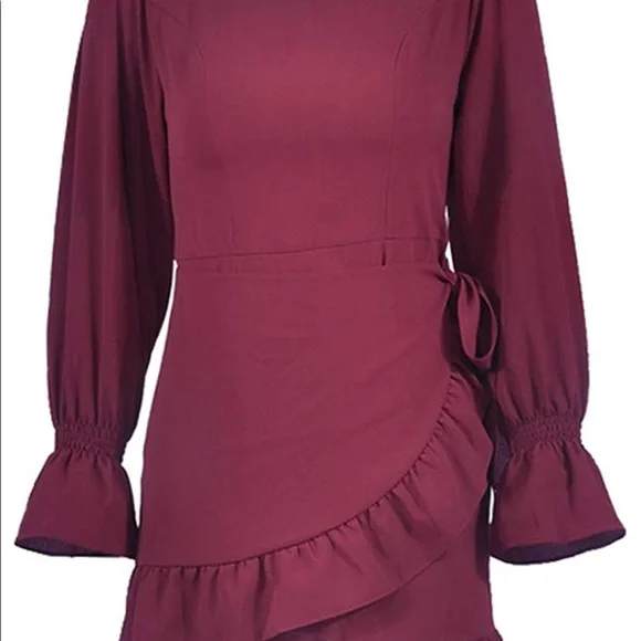 2/$40 VDAY Women wine red ruffle front wrap dress long sleeve burgundy medium - Picture 10 of 11